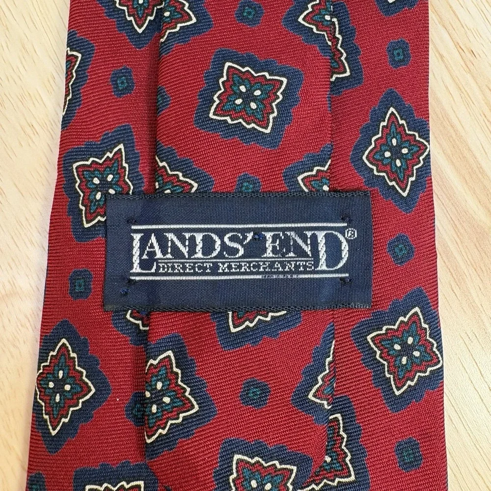 Lands' End Men's Red Blue Geometric Woven Silk Pointed Tie One Size
